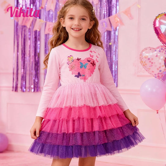 VIKITA-vestido con estampado de mariposa para niña, traje rosa de manga larga con diseño de corazón, malla de tul en capas, otoño y primavera