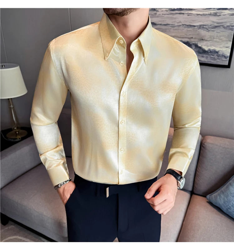 Camisa de manga larga de seda de imitación para hombre, camisa informal estampada de Color degradado a la moda, ropa Social de negocios, ropa de calle para hombre