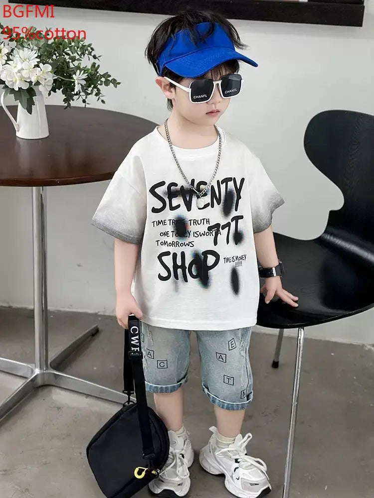 Conjunto de Verano para Niños y Adolescentes, ropa de algodón con letras de manga corta, a la moda, 2 piezas