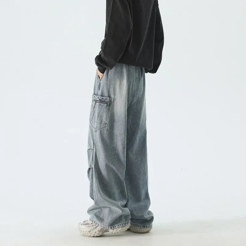 Pantalones vaqueros Cargo plisados de calle alta de otoño para Hombre, Pantalones vaqueros rectos de pierna ancha con bolsillo, moda Hip Hop Y2K, Vaqueros holgados