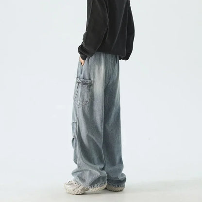 Pantalones vaqueros Cargo plisados de calle alta de otoño para Hombre, Pantalones vaqueros rectos de pierna ancha con bolsillo, moda Hip Hop Y2K, Vaqueros holgados