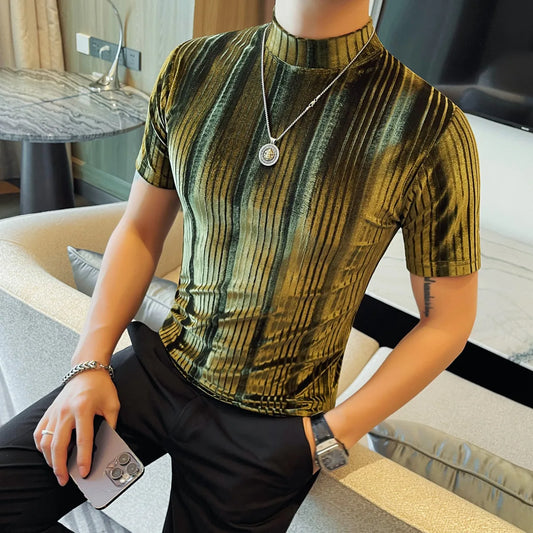 Camiseta con gradiente de terciopelo para hombre, camiseta informal de manga corta con cuello alto, ropa de calle elástica con ajuste Sim, primavera/verano