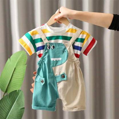 Ropa de verano para niños, ropa de moda para niños pequeños, ropa de arcoíris, camiseta, pantalones con pechera de dinosaurio de dibujos animados, 2 unids/set, traje para niños