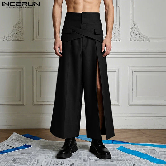 INCERUN 2025 American Style Trousers Stylish Men's Deconstruction Wide Leg Pants Casual City Walk Male Solid All-match Pantalons