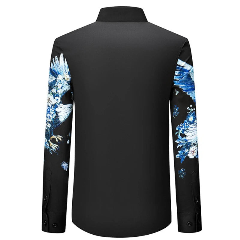 Camisa de lujo con estampado 3D de diamantes de imitación para hombre, camisas informales de manga larga para otoño e invierno, trajes de espectáculo escénico para fiesta de banquete Social