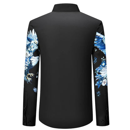Camisa de lujo con estampado 3D de diamantes de imitación para hombre, camisas informales de manga larga para otoño e invierno, trajes de espectáculo escénico para fiesta de banquete Social