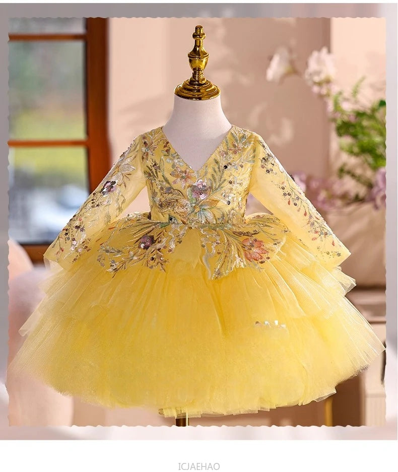 2025 Vestido de fiesta Vestido niños niñas vestidos de novia amarillos disfraz niños flor niña desfile Piano actuación tutú traje