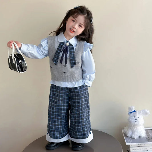 Colección de primavera y otoño para niñas, conjunto de tres piezas de estilo coreano, nuevo estilo, moda para niños, 2025