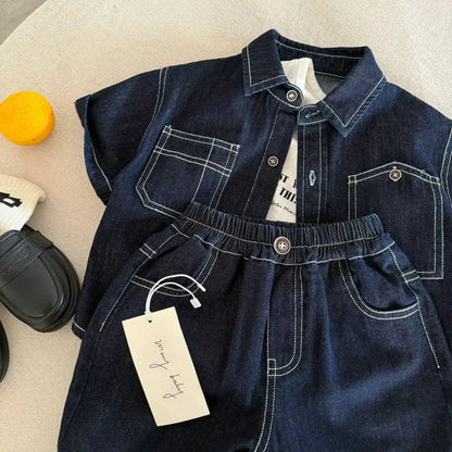 Conjunto de dos piezas de mezclilla de verano para niños de 2 a 10 años, camisa de hilo brillante + pantalones cortos para niña, conjunto de camisa fina para bebé, verano 2026