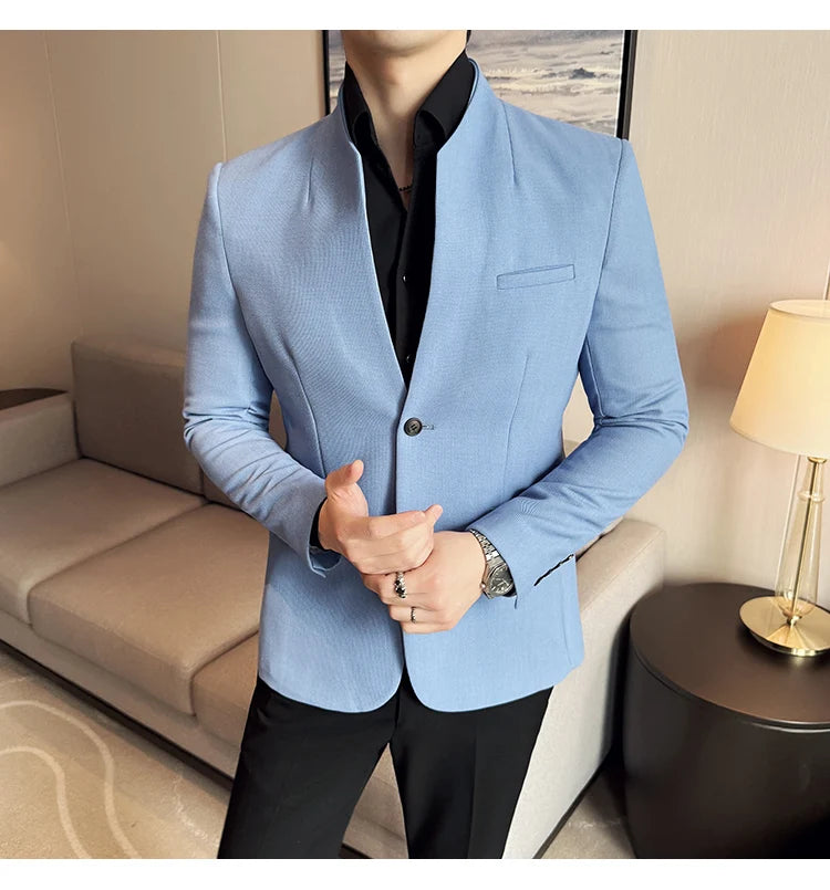 Chaqueta de traje con cuello levantado de alta calidad para hombre, chaquetas de negocios informales, abrigo coreano con gofres para boda, novio, banquete, vestido de fiesta, 2025