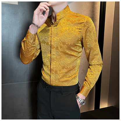 Camisas estampadas de manga larga con cuello levantado para primavera y otoño, camisa informal de moda para hombre de estilo chino Formal Social de negocios