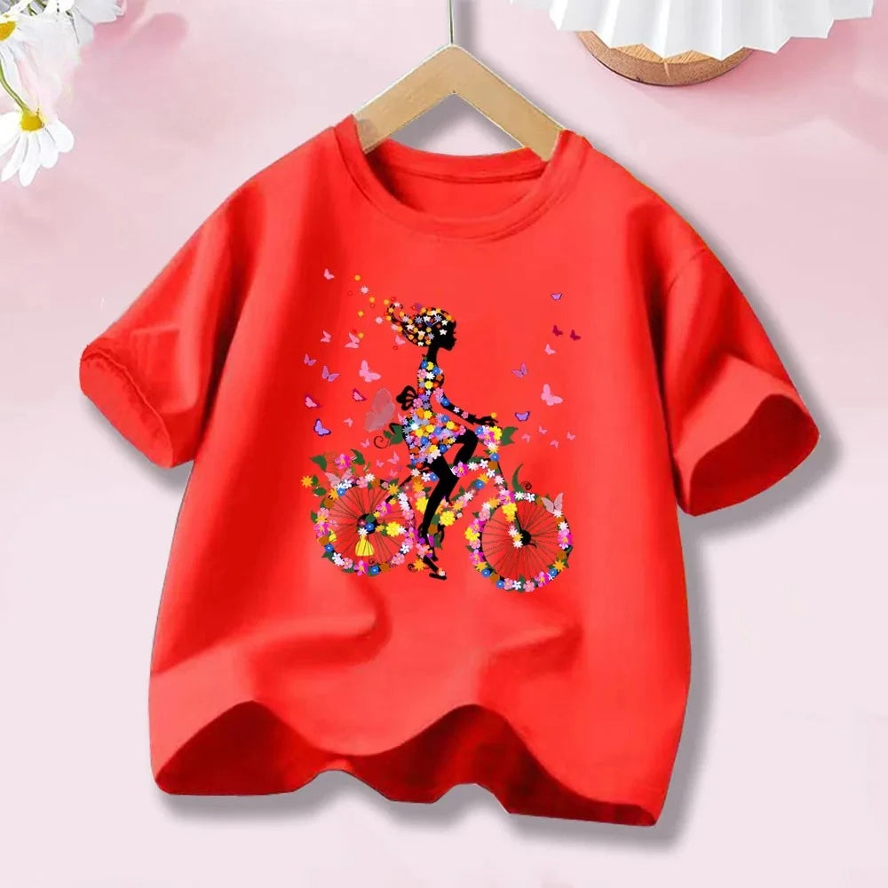 Camiseta de algodón de manga corta con estampado personalizado de mariposa y bicicleta para niña, moda de verano para niños