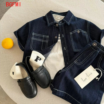 Conjunto de dos piezas de mezclilla de verano para niños de 2 a 10 años, camisa de hilo brillante + pantalones cortos para niña, conjunto de camisa fina para bebé, verano 2026