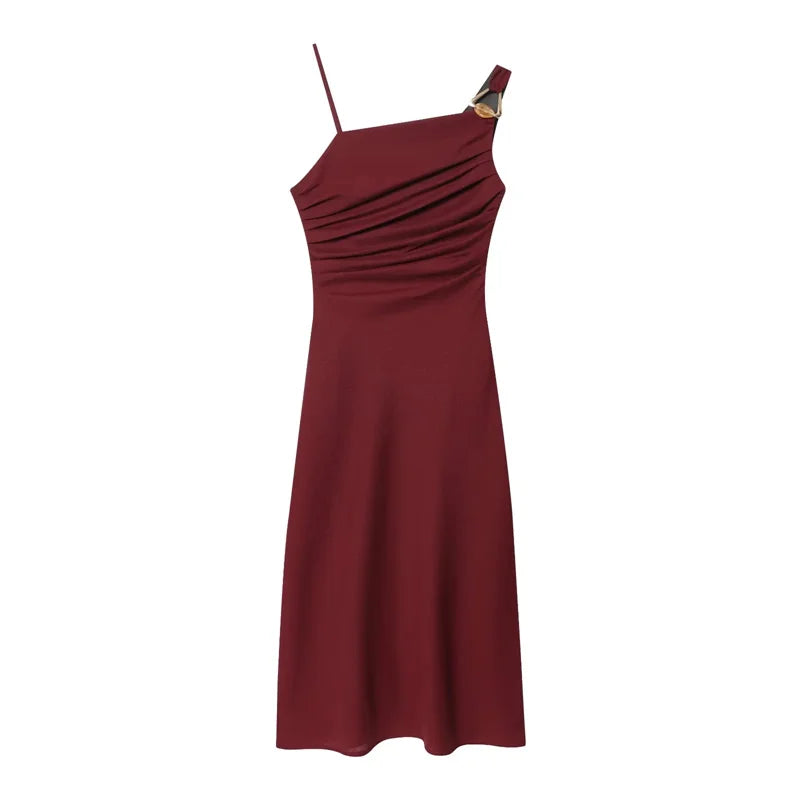 Vestido Midi Elegante para Mujer – Diseño Asimétrico, Tirante Delgado y Estilo Moderno
