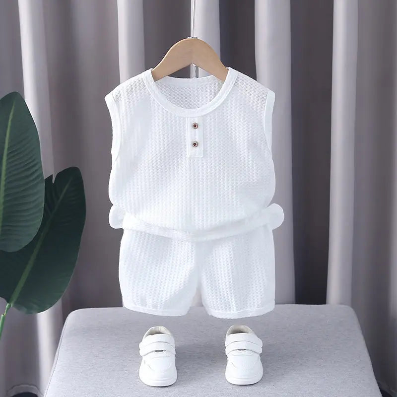 Ropa de oso para niños y niñas, chaleco de cuello redondo, pantalones cortos, chándales de dibujos animados para niños pequeños, moda de verano, nuevo conjunto de 2 piezas