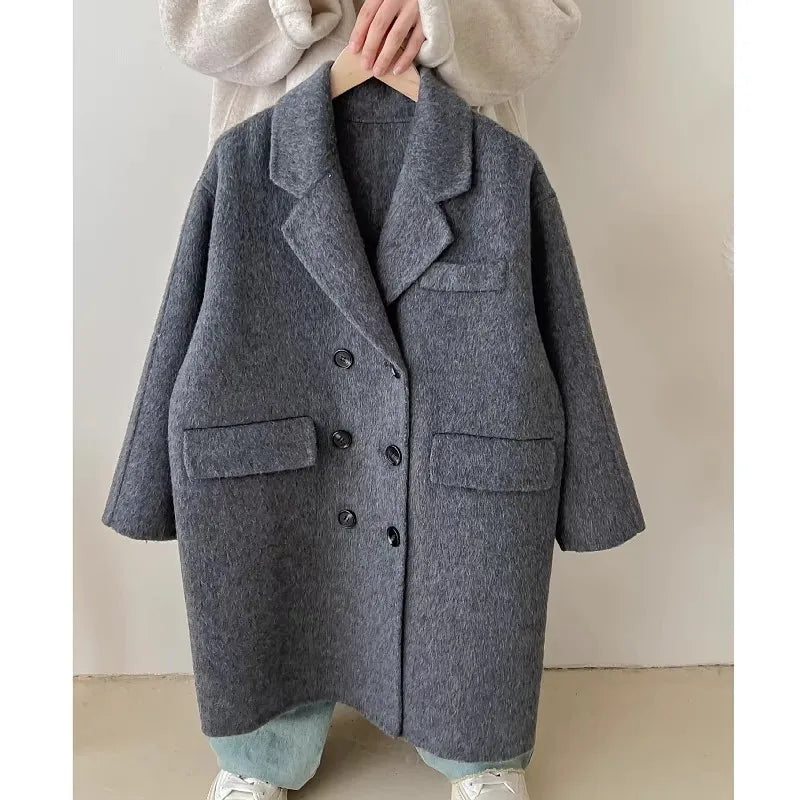 Ropa Infantil Coreana, Abrigo de Lana de Doble Cara para Niños y Niñas, Abrigo Largo de Lana Coreana, Abrigo de Algodón Imitación de Doble Cara