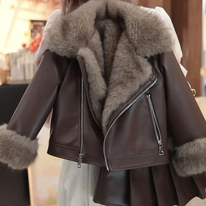 Conjunto de Otoño Invierno para niñas, chaqueta de cuero, nueva chaqueta de cuero gruesa coreana, Falda plisada de moda, conjunto de dos piezas, 2025