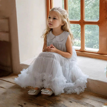 Nuevo vestido de fiesta para niñas, vestido de princesa de tul sin mangas con cuello Peter Pan para actuaciones de Piano, banquete, desfile Formal