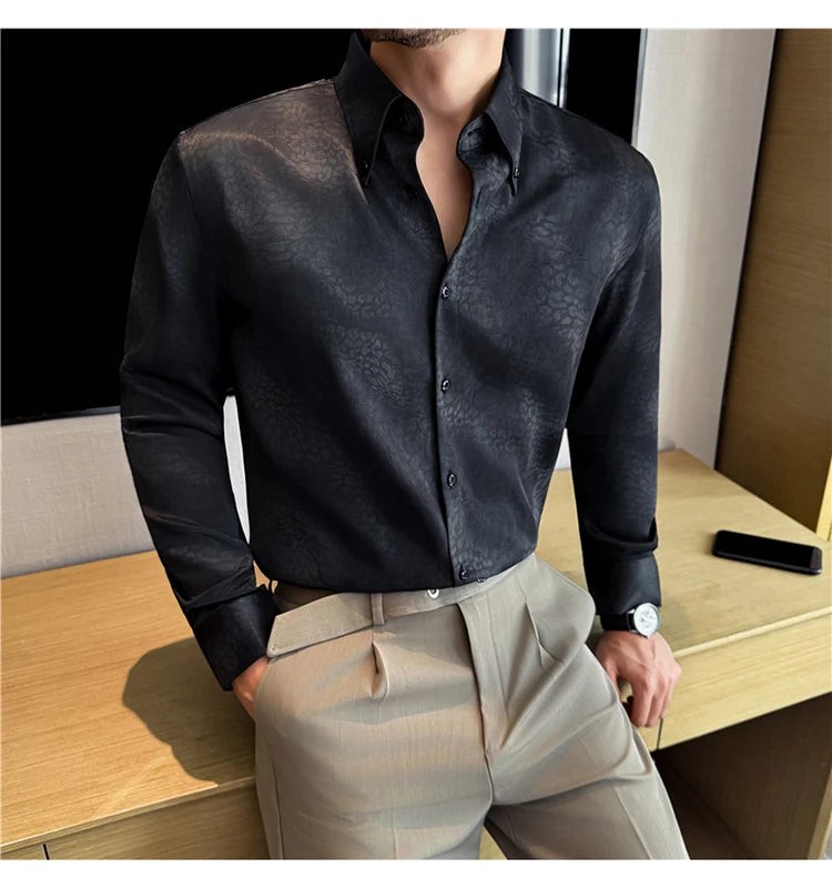 Camisa de manga larga de seda de imitación para hombre, camisa informal estampada de Color degradado a la moda, ropa Social de negocios, ropa de calle para hombre