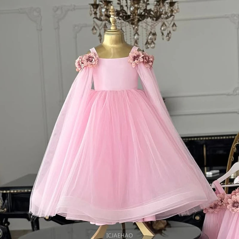 Vestido de boda para niños, vestidos de boda rosas con flores para niñas, ropa para niños, actuación de Piano, presentador, vestido de fiesta de cumpleaños de princesa, disfraz
