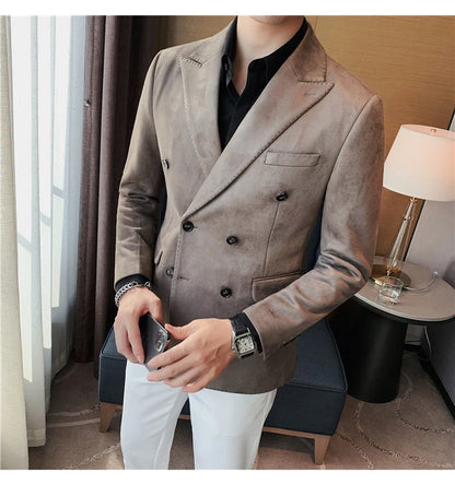 Chaqueta de ante con botones de doble botonadura para hombre, traje de negocios informal, ropa de calle Social, otoño e invierno, 2023