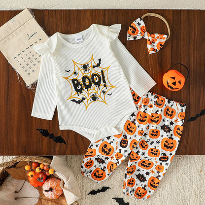 Pelele con letras estampadas de manga larga para otoño/otoño y trajes de Halloween, pantalón de calabaza para conjuntos de 0 a 1 año + diadema, 2 uds.