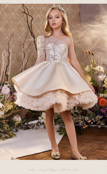 2026 nuevo vestido para niños vestido de princesa con lentejuelas un hombro falda acampanada con lazo Patchwork niños niñas traje Formal de celebración de fiesta