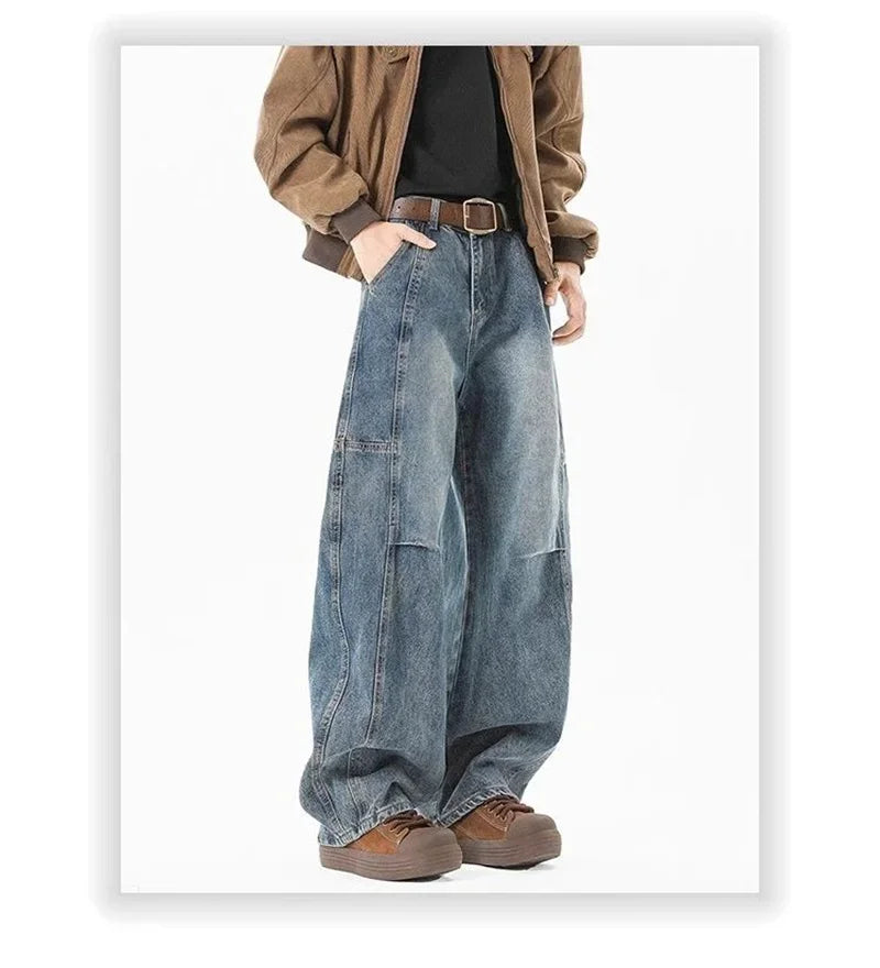 Otoño de los hombres de moda Hip Hop empalmado pantalones vaqueros holgados diseño plisado Casual pantalones vaqueros de pierna recta Y2K Vintage Streetwear jean
