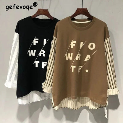 Sudadera de manga larga con estampado de letras para mujer, ropa de calle de gran tamaño, retales a rayas, Tops irregulares Y2K, moda coreana