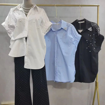 Blusas de manga corta de algodón con cuentas de perlas, camisas para mujer, novedad de verano, primavera 2021, tendencia de moda, Tops informales sueltos, Blusas