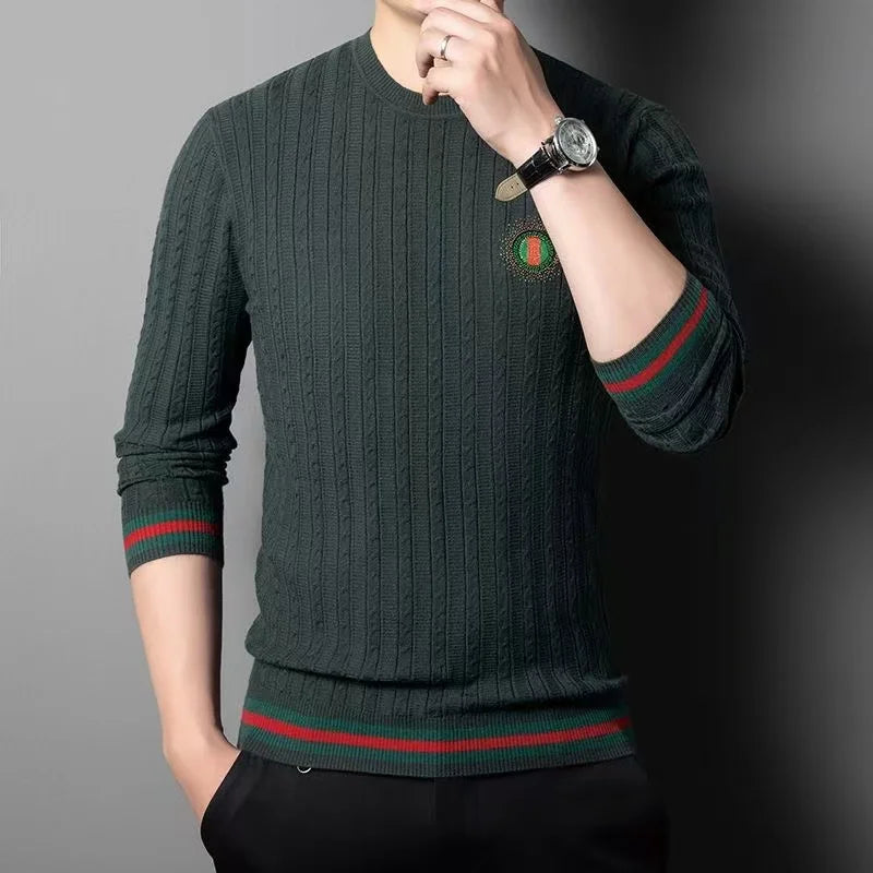 Suéter clásico de Jacquard de gama alta para hombre, prendas de punto, jerséis de lujo con cuello redondo, ropa de punto cálida para otoño e invierno, 2024