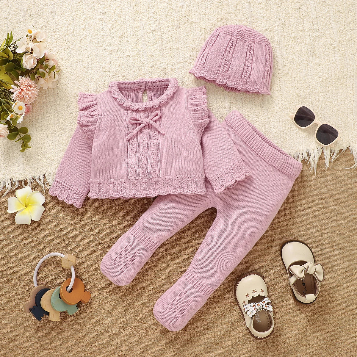 Conjuntos de ropa de invierno para niñas, suéter rosa de manga larga, camisas, pantalones y sombreros, trajes para recién nacidos, traje de 3 uds para primavera y otoño