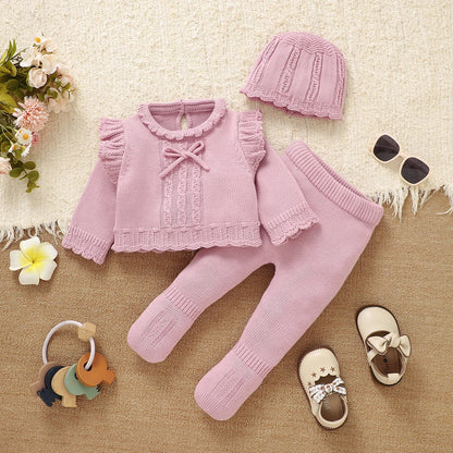 Conjuntos de ropa de invierno para niñas, suéter rosa de manga larga, camisas, pantalones y sombreros, trajes para recién nacidos, traje de 3 uds para primavera y otoño