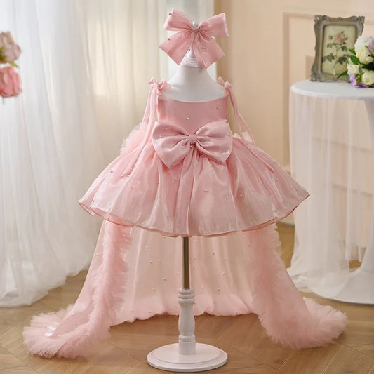 Nuevo Vestido de Fiesta Elegante para Niñas 2026 con Tirantes Finos, Cola Larga, Bordado Intenso y Tul Rosa - Atuendo de Gala