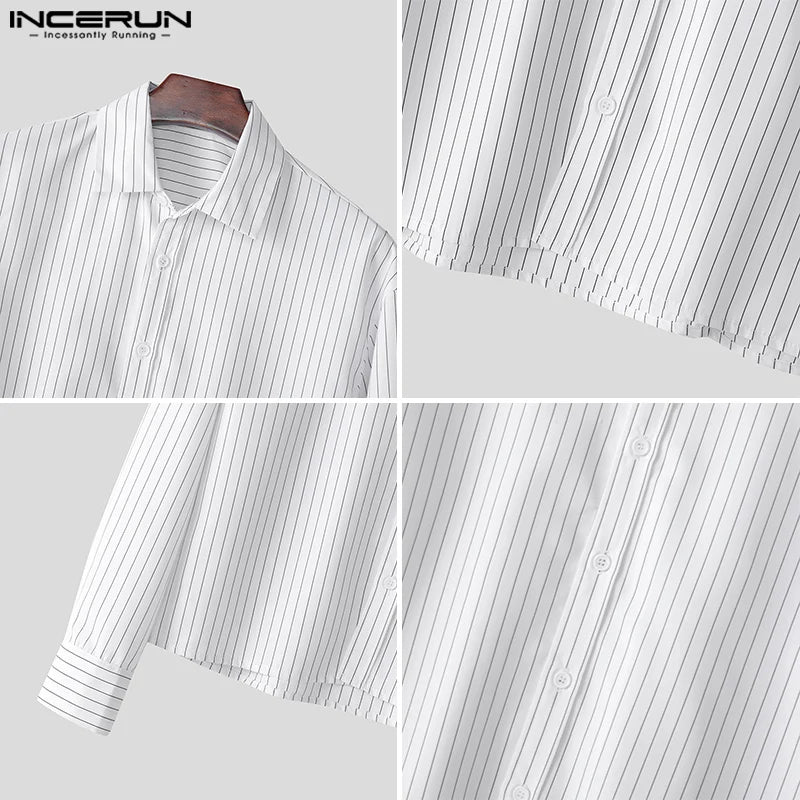 Casual Simple Style Tops INCERUN New Men's Striped Cropped Shirt Fashion Well Fitting Male Hot Selling Long Sleeved Blouse S-5XL