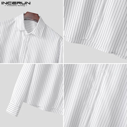 Casual Simple Style Tops INCERUN New Men's Striped Cropped Shirt Fashion Well Fitting Male Hot Selling Long Sleeved Blouse S-5XL