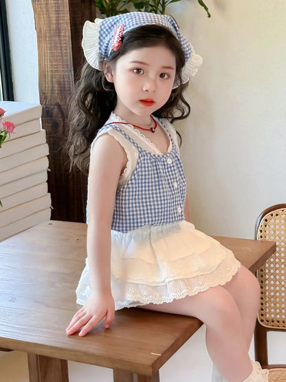 Conjunto de Dos Piezas con Estampado a Cuadros para Niñas, Top Halter con Cuello en V y Falda Corta, Mezcla de Algodón y Poli...