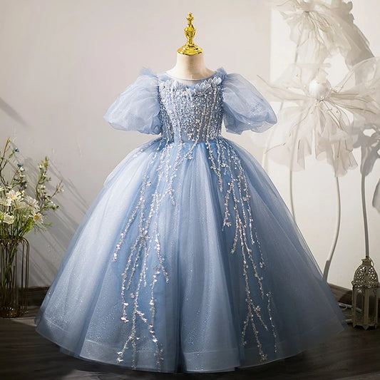 Vestido de Fiesta Azul con Mangas Abullonadas de Tul para Niñas, Vestido de Princesa para Niñas, Modelo para Concurso, Actuación de Piano, Traje Formal para Celebración