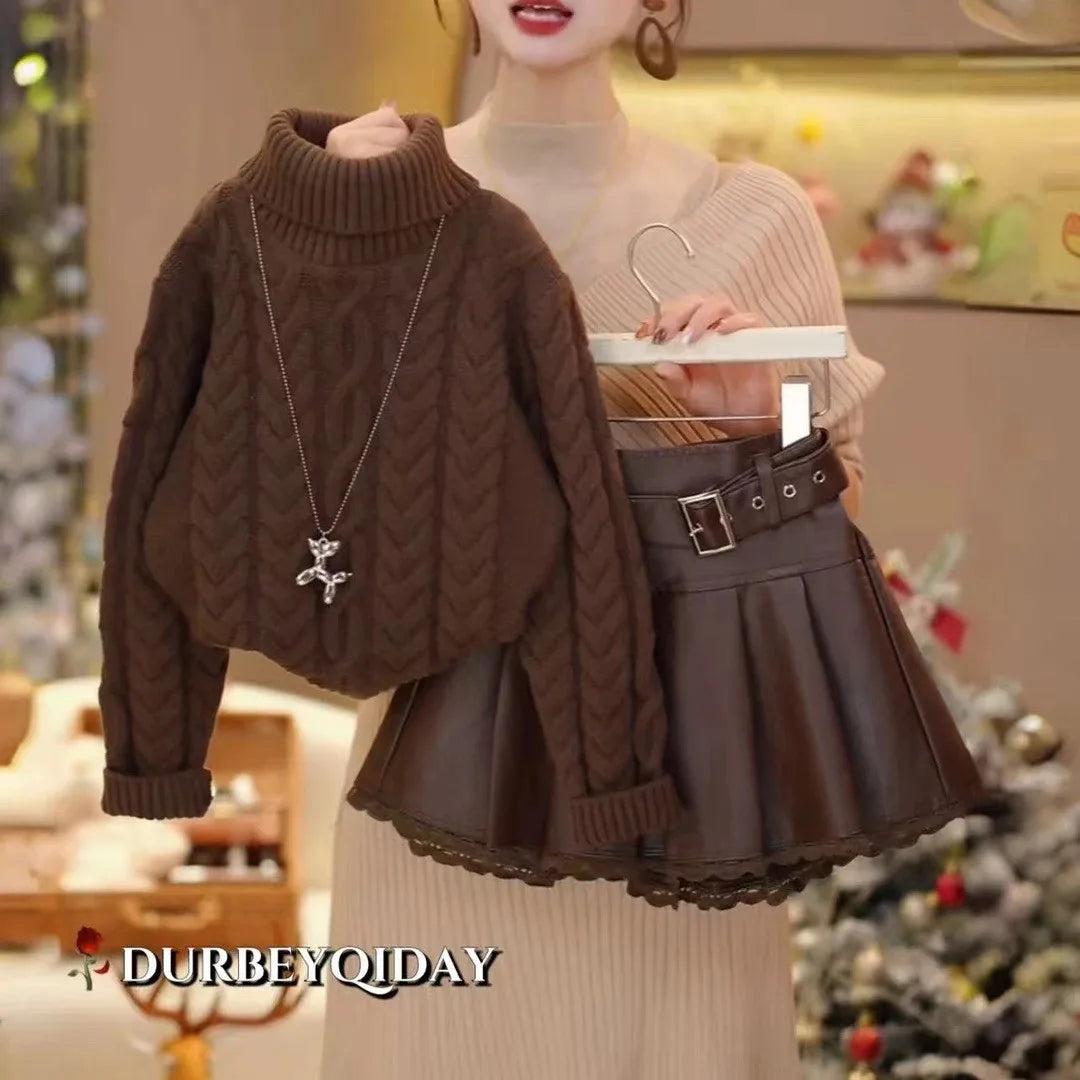 Conjunto de suéter para niñas, primavera, Otoño e Invierno, 2025, nueva moda para niños, suéter grueso versátil, falda de cuero de encaje, conjunto de dos piezas