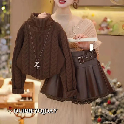 Conjunto de suéter para niñas, primavera, Otoño e Invierno, 2025, nueva moda para niños, suéter grueso versátil, falda de cuero de encaje, conjunto de dos piezas