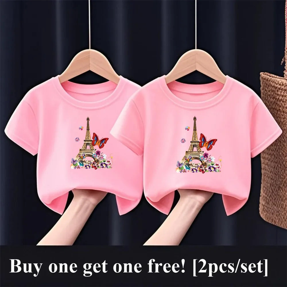2 unids/pack niñas París Torre Eiffel mariposa estampado gráfico camiseta niños manga corta hermana traje a juego amigo fiesta Tops