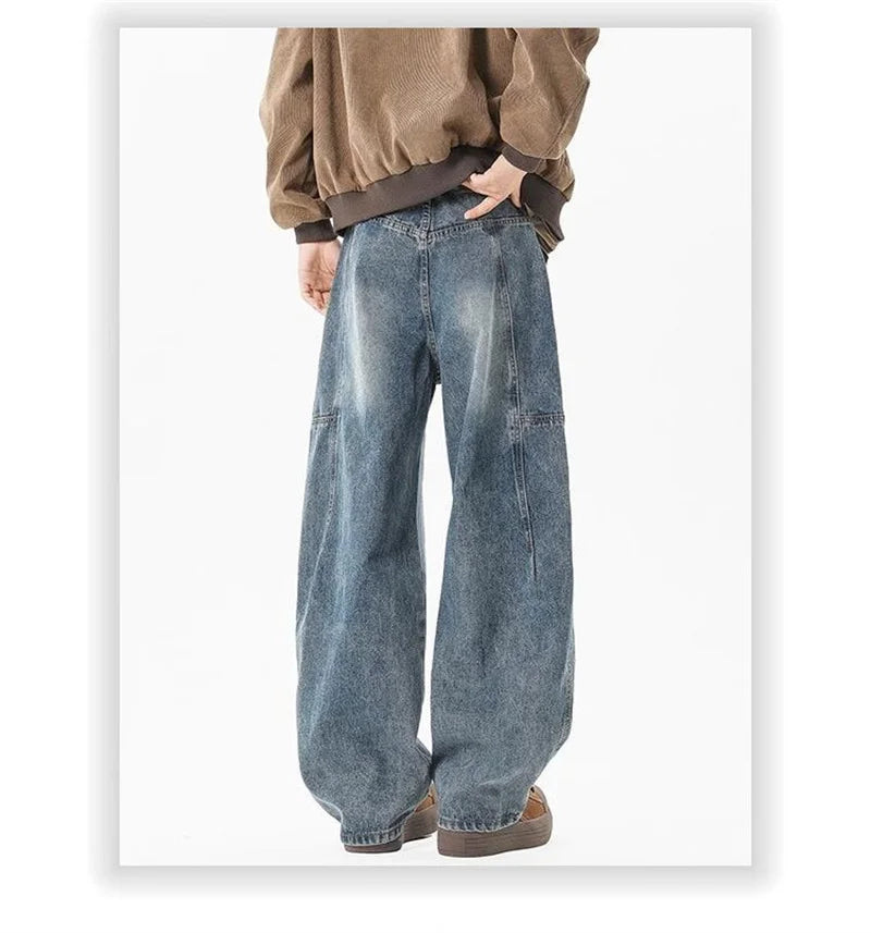 Otoño de los hombres de moda Hip Hop empalmado pantalones vaqueros holgados diseño plisado Casual pantalones vaqueros de pierna recta Y2K Vintage Streetwear jean