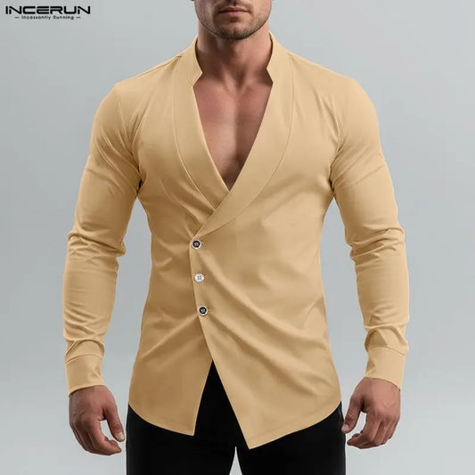 INCERUN Men Shirt Solid Color Deep V Neck Long Sleeve Button Men Clothing Streetwear 2026 Fashion Casual Male Tops Camisas S-3XL