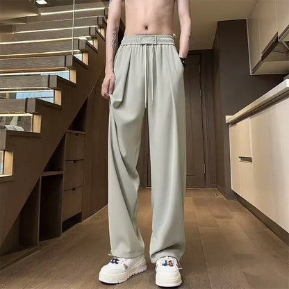 Pantalones bombachos holgados rectos lisos de verano para hombre, pantalones de chándal drapeados deportivos informales, pantalones de pierna ancha con cordón, novedad de 2025