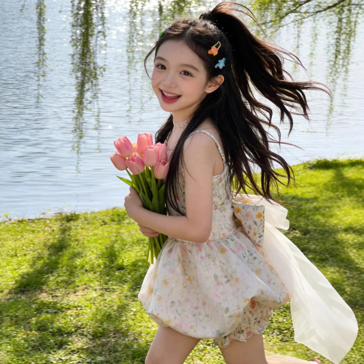 Vestido de tirantes floral para niñas, pantalones cortos con diseño de capullo de flor, vestido de princesa estilo occidental para verano 2026, falda esponjosa con lazo y cola de hilo para niñas