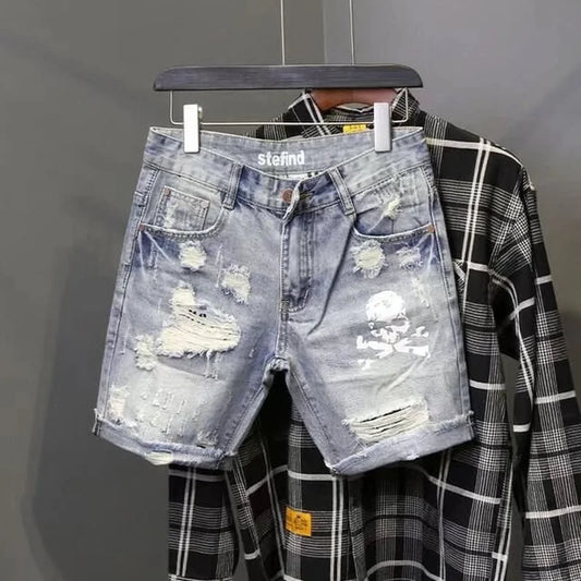 Pantalones cortos de mendigo con agujeros rasgados para hombre, pantalones cortos vaqueros ajustados coreanos con estampado de calavera y esqueleto con personalidad, novedad de verano 2022