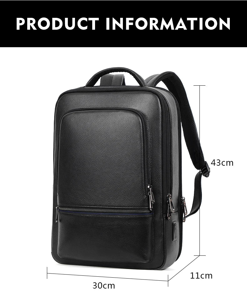 Mochila 100% de cuero de vaca Natural para ordenador portátil de 15,6 pulgadas, Mochila USB para hombre, bolso de viaje de cuero genuino, Mochila grande para niños