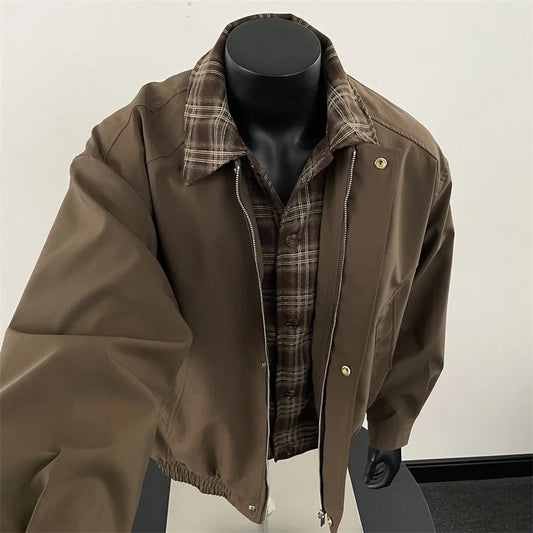 Chaqueta de invierno con solapa a cuadros para hombre, chaqueta falsa de dos piezas con cremallera, moda urbana, abrigos, chaqueta Masculina Retro americana Y2K