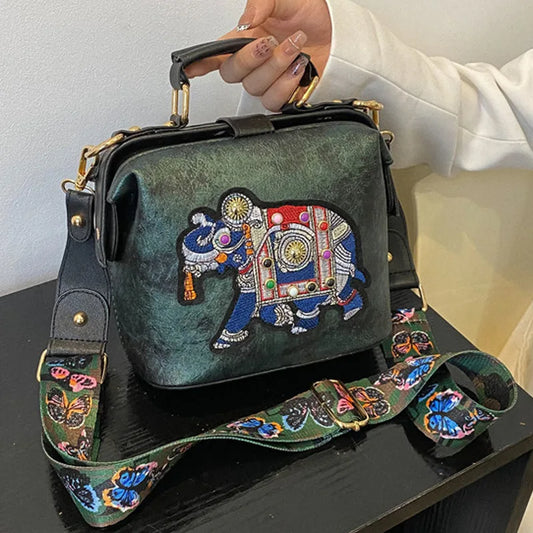 Bolsos de médico con elefante bordado Vintage, bolso de hombro tipo bandolera de piel sintética con correa ancha, bolsos de mano de diseñador para mujer