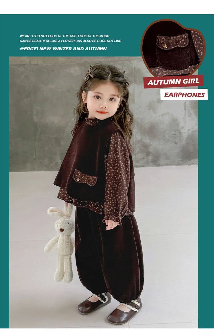 Ropa de moda para niñas 2025, otoño, nueva camisa Floral, chaleco y pantalones de Color sólido, conjunto de 3 piezas de pana